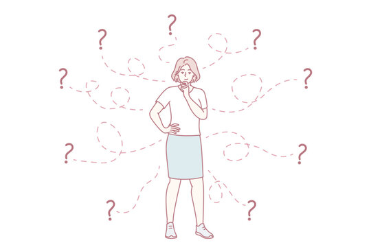 Thoughtful woman solves difficult business problem and scratches chin standing among question marks. Smart girl is brainstorming alone thinking about place for education or career. Flat vector image