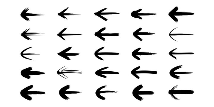 Set of black hand drawn arrow icons with ink brush stroke texture pointing to the left for design projects and creative digital interface navigation Vector, illustration