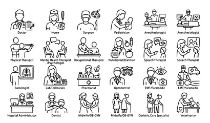 Fototapeta premium Medical profession outline icon collection vector healthcare jobs set