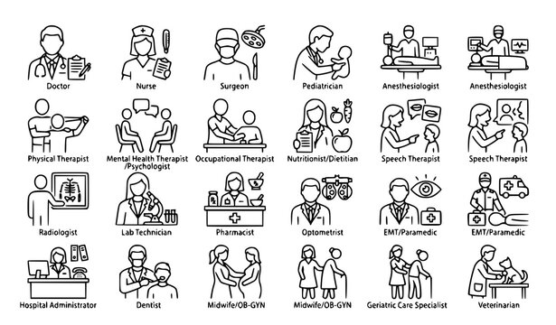 Medical profession outline icon collection vector healthcare jobs set