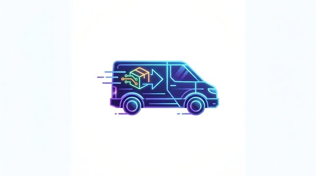 Compact logistics van with vibrant neon wireframe design on white background