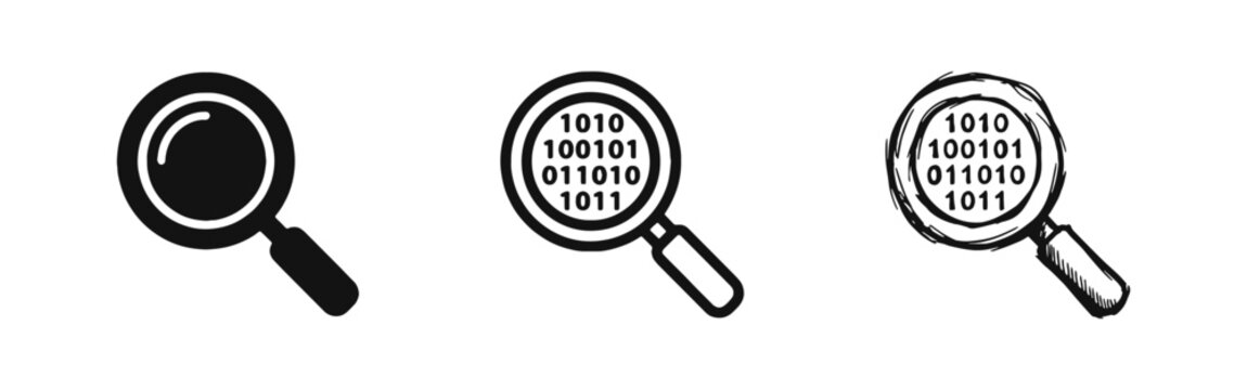 Magnifying Glass Binary Code Data Search Icon Set in Glyph, Outline, and Sketch Styles
