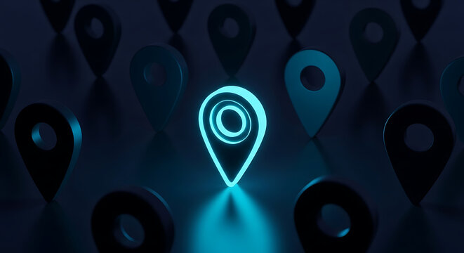 Glowing neon blue location pin marker standing out among dark dim map pointers with location navigation destination technology direction connectivity position abstract