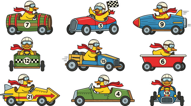 Cute Cartoon Duck Soapbox Derby Racer Character Set with Funny Homemade Wooden Cars Rockets and Wagons for Children Birthday and Toy Vector Designs