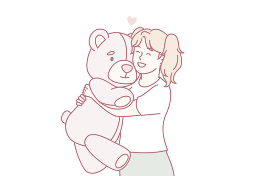 Little girl hugs big favorite soft toy and smiles feeling affection. Happy preschool child holding plush bear rejoicing at cool gift from parents or relatives. Flat vector illustration