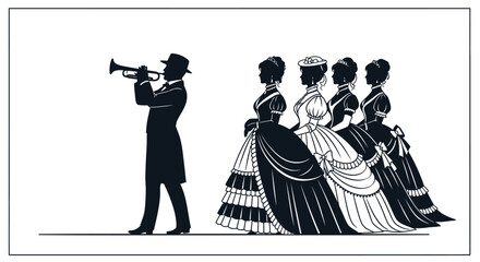 Musician playing trumpet for women in vintage dresses silhouette © Jewel