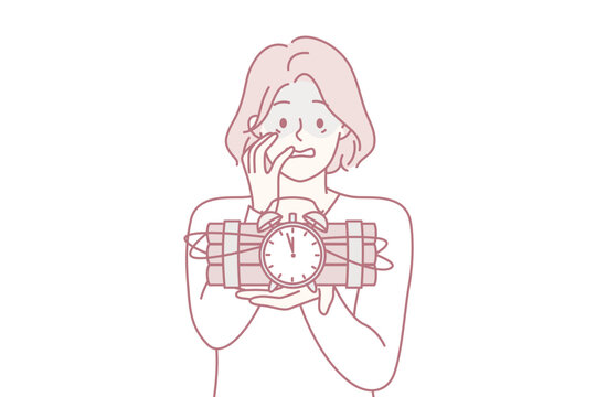 Frightened woman holds bomb and dynamite with clockwork in hand and does not know how to stop explosion. Concept approaching troubles that cannot be avoided. Flat vector illustration