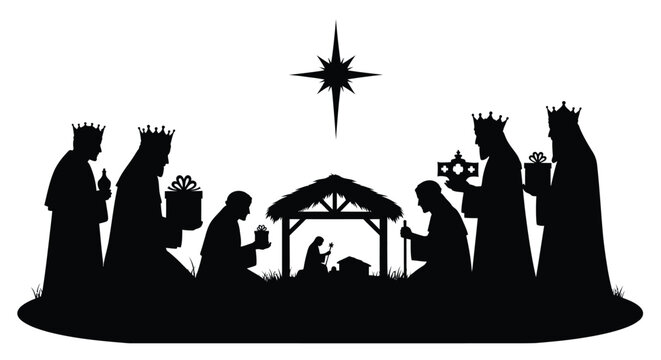 Nativity scene with wise men and star black silhouette