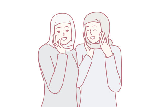 Happy ethnic muslim women with headscarves covering hair smiling. Arabian girls dressed in Islamic clothes and headdresses experience joy and satisfaction with life. Flat vector illustration