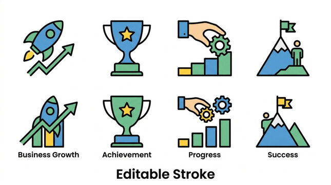 Business success achievement progress icons.