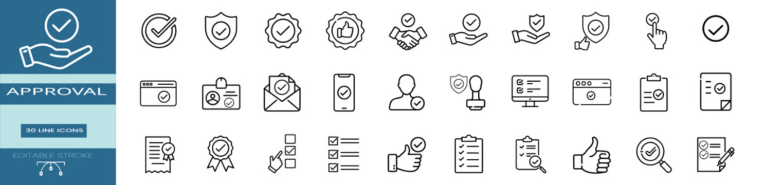Approved regulation settlement web line icons set assured guard safety qualified merger gesture elite emblem award & more vector illustration with editable stroke