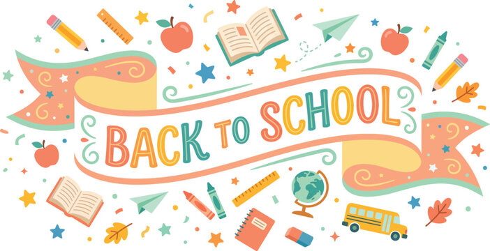 Back to school banner vector, colorful educational supplies and stationery border, school bus and classroom icons for student welcome poster isolated on White Background