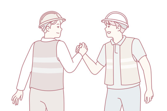Two men in uniform of builders or repairmen shake hands holding each others palms tightly. Young guys in reflective vests and safety helmets demonstrate unity and solidarity. Flat vector design