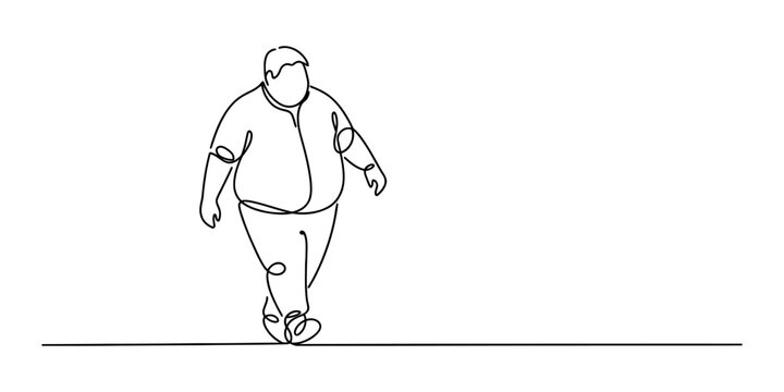 Continuous single line drawing of an overweight man walking forward, minimalist art style illustration of a person with a large body type in motion Vector, illustration