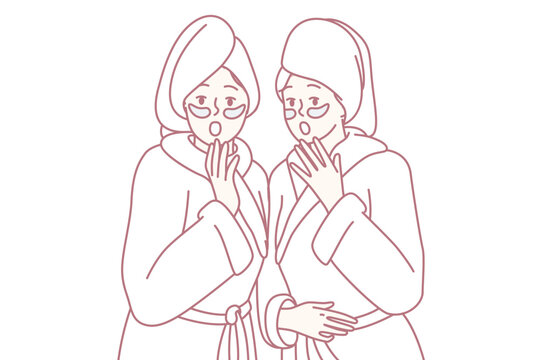 Two frightened women dressed in white shower robes opening mouths. Girl friends with masks on faces and towels on wet hair are shocked after learning news from yellow press. Flat vector image