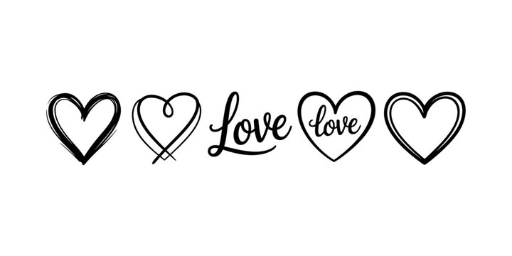 Set of hand drawn heart shapes and the word love written in artistic black calligraphy script for romantic cards and wedding design elements Vector, illustration