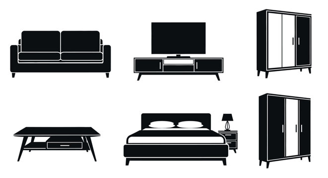 Modern furniture icons including sofa tv stand wardrobe coffee table and bedroom set in black and white