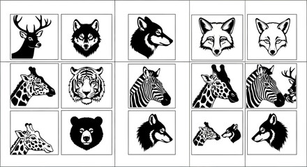 Collection of black and white animal head illustrations wildlife icons safari style various species graphic design elements © Prema