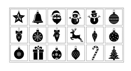 Christmas icons set including star bell santa snowman ornaments reindeer gift and tree black and white © Prema