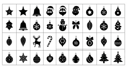 Christmas icons set including santa claus ornaments bells snowman and reindeer in black silhouettes on white background for holiday decoration © Prema