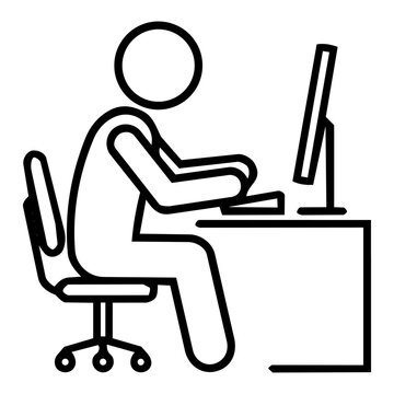 Man working on computer stick figure icon, minimalist line art of programmer coding at office desk for software development, remote work, and technology concept.