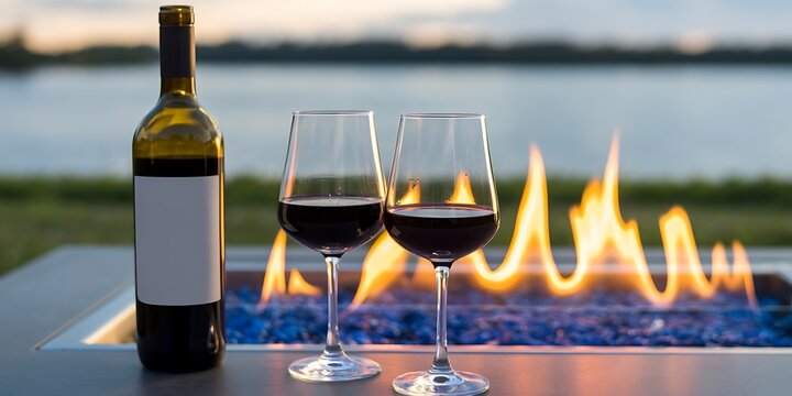 Wine bottle and two glasses by a fire pit