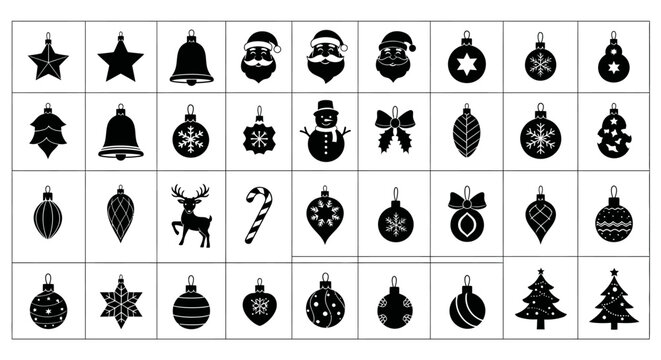 Christmas icons set including santa claus ornaments bells snowman and reindeer in black silhouettes on white background for holiday decoration