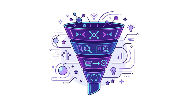 Digital marketing sales funnel with data processing and conversion icons