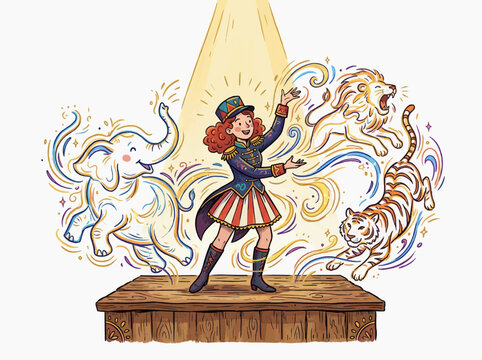  Female Ringmaster Conjuring Circus Animal Spirits on Wooden Stage Under Spotlight Illustration
