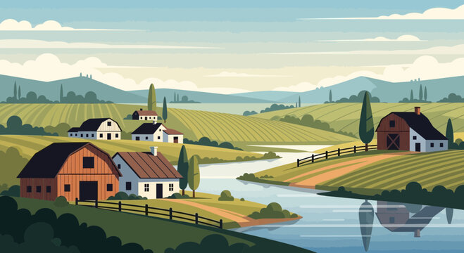 Farmhouse and barns near a river.