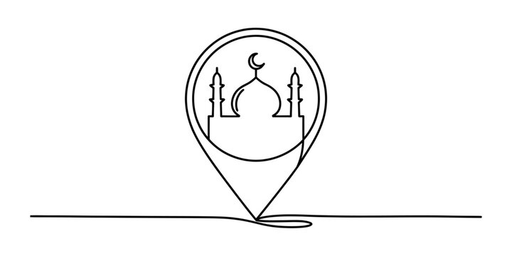 Continuous single line drawing of a mosque building inside a map location pin icon representing religious travel destination and muslim prayer site Vector, illustration