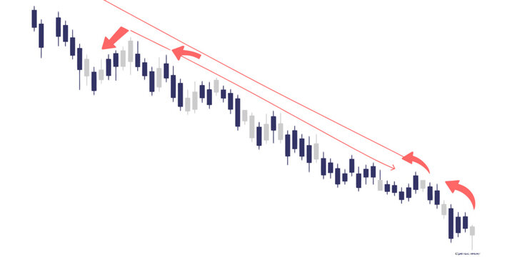 Stock market price chart showing a bearish downtrend with red arrows highlighting falling candle stick bars in a financial trading investment graph Vector, illustration