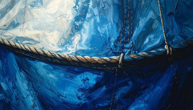 Close-up of traditional sailcloth seam with bolt rope hem in blue nautical fabric detail