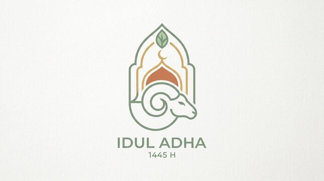 Minimalist Islamic geometric logo design featuring a sacrificial ram profile inside an elegant mosque archway, conceptual vector emblem for Eid al-Adha