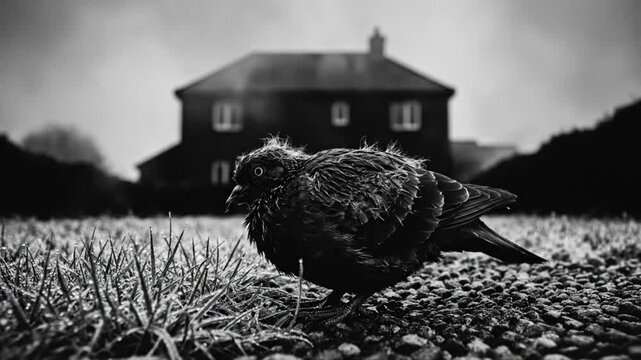 Black and white close-up of a wet pigeon with ruffled feathers in front of a blurred house on a cloudy day