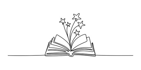 Continuous single line drawing of an open book with magic stars coming out from the pages representing imagination education and storytelling concept Vector, illustration © Vector Line Drawing