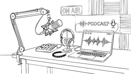 Fototapeta premium Podcast recording setup with microphone and laptop