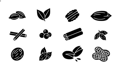 Natural spice and nut glyph vector icons with cinnamon cardamom goji berry and pistachio symbols © BijoyChandra