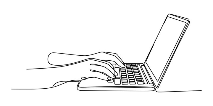 Continuous single line drawing of human hands typing on a laptop computer keyboard for business work and office communication simple digital art Vector, illustration
