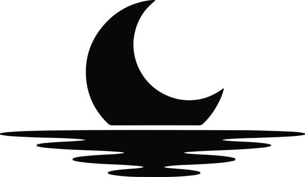 Silhouette vector crescent moon reflection on water surface minimal design