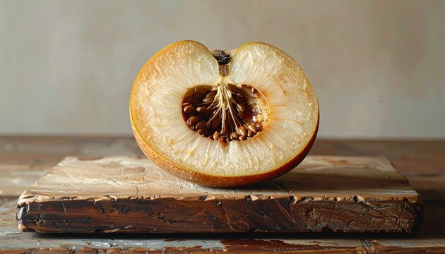Bletted medlar fruit cross-section showing soft brown interior on wooden surface in natural light
