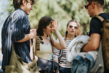 Fototapeta premium A group of teenage friends talk and laugh together in an outdoor setting. The young people socialize casually while carrying backpacks and jackets.