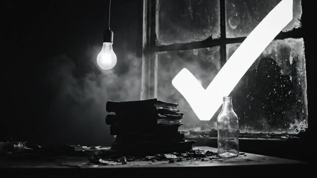 Black and white still life cinematic shot of a check mark glowing next to a window, books, and bottle