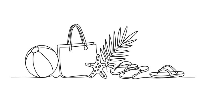 Continuous single line drawing of beach items including a ball bag starfish palm leaf and flip flops for summer holiday travel and vacation concept Vector, illustration