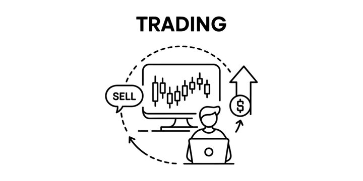 Person trading stocks on a computer with sell bubble and rising price arrow representing financial market investment and digital currency growth concept Vector, illustration