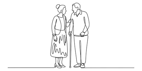Continuous one line drawing of an elderly couple standing together, an old man with a walking cane and his wife talking to him with care and love Vector, illustration © Continuous Line Art