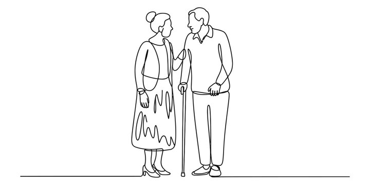 Continuous one line drawing of an elderly couple standing together, an old man with a walking cane and his wife talking to him with care and love Vector, illustration