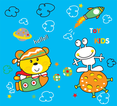 Cute bear and frog astronaut with little alien in outer space galaxy, sweet children vector graphic for screen printing.