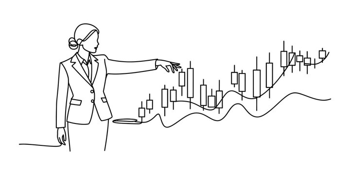 Continuous single line drawing of a business woman pointing at a rising financial stock market chart with growth candles and positive trends Vector, illustration