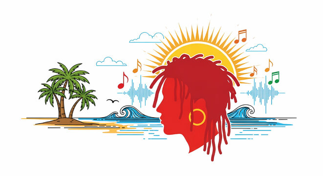 Tropical music concept with a silhouette of a person with dreadlocks and a beach background